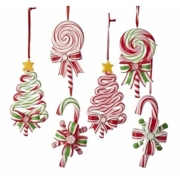 Kurt Adler Set of Six Lollipop Peppermint Candy Cane Clay Dough Ornaments 5" NWT